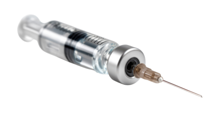 Syringe: A detailed shot of a transparent syringe, ready to administer. The sleek design and fine needle highlight a medical device in a clinical setting.