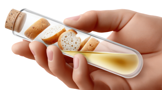 Bread in Glass Vial: A person carefully holds a transparent glass vial containing bread inside. The image subtly hints at the concept of food science or the process of bread production.