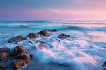 Obraz premium panorama of blue sea with twilight reflecting on the waves and rocks of the beach