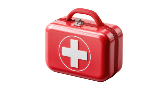 Emergency First Aid Kit: A red first aid kit, emblazoned with a bold white cross, a symbol of immediate assistance and medical readiness.