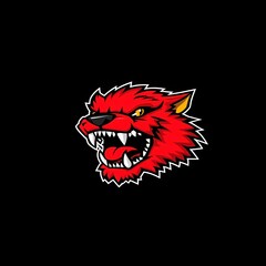 Stylized Red Wolf Head with Menacing Expression and Sharp Teeth Isolated on Black