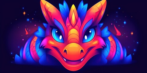 Close-up of a Colorful Fantasy Dragon Face with Blue Eyes on a Dark Background