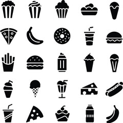 Fast Food Silhouette Icon Set, Burgers, Drinks, Desserts, Junk Food Vector illustration