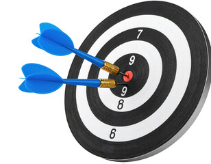 Three blue darts are embedded in the bullseye area of a black and white dartboard, showing precision and accuracy in hitting the target.