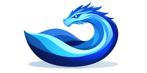 Elegant Blue Dragon Curled Around with Overlapping Shapes on White Backdrop
