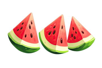Three juicy watermelon slices, arranged horizontally, displaying vibrant red flesh, dark seeds, and green rind