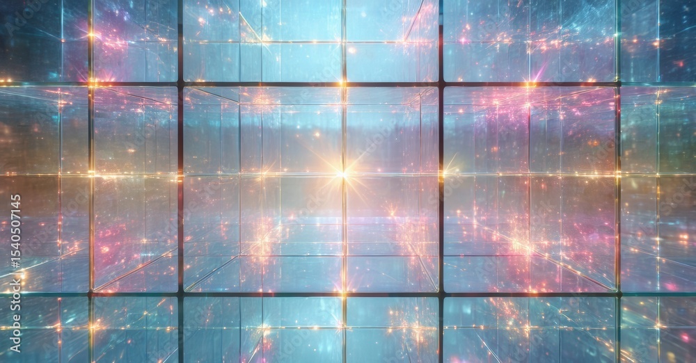 Leinwandbilder Infinite grid structure. Glowing particles fill cubic space. Bright light emanates from center, creating abstract visual effect.