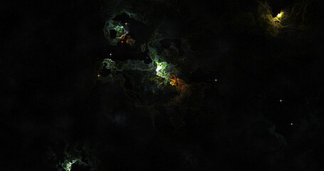 A nebula glows with green and gold light against a backdrop of stars in deep space.