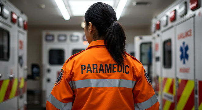 Female EMS Professional Standing by Ambulance