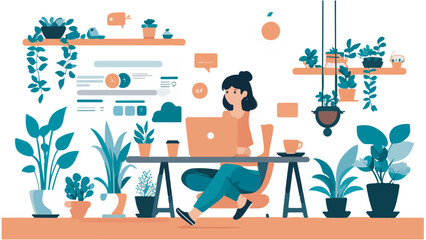 
Vector of woman freelancer working at laptop, surrounded by plants, hot coffee, and digital UI elements. Cozy home office in flat style with transparent background, ideal for apps, blogs, and design
