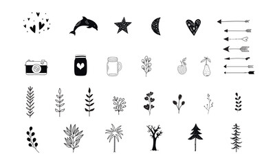 Hand Drawn Doodle Icon Vector Set – Cute Nature, Arrow, Heart, Plant, Tree Clipart
