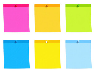Six colorful blank sticky notes pinned in two rows of three, featuring pink, orange, green, blue, yellow, and light blue shades.