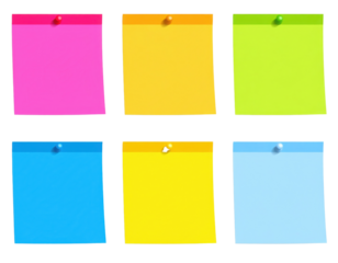 Six colorful blank sticky notes pinned in two rows of three, featuring pink, orange, green, blue, yellow, and light blue shades.