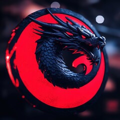 Stylized Sculpture of Dragon Head in Circular Frame with Glowing Red Light