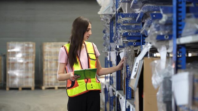 Female worker wearing vest with clipboard checking stock products in boxes on shelves at warehouse factory store. Logistics, Distribution Center concept