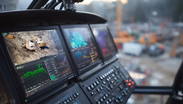 The dashboard of the crane is equipped with multiple touch screens, displaying live footage from different angles and data graphs about the construction site below