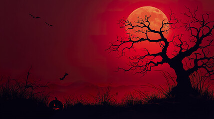 spooky Halloween scene featuring silhouetted tree, glowing moon, and pumpkin