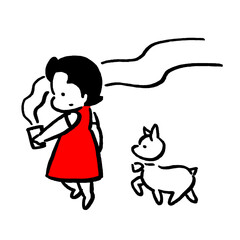 Cartoon girl in red dress holding coffee, walking with her puppy