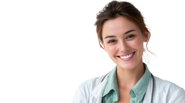 Smiling Doctor Portrait: A friendly female doctor smiles warmly at the camera, exuding confidence and compassion. Her expression conveys professionalism, care, and a reassuring presence.