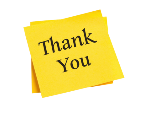 Yellow sticky note with the words "Thank You" printed in black letters.