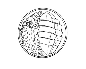 Black and White Line Art of Mango Sticky Rice Thai Dessert simple outline.