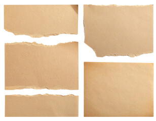 Five torn pieces of beige paper with rough edges arranged against a black background.