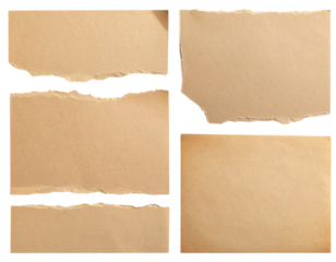 Five torn pieces of beige paper with rough edges arranged against a black background.