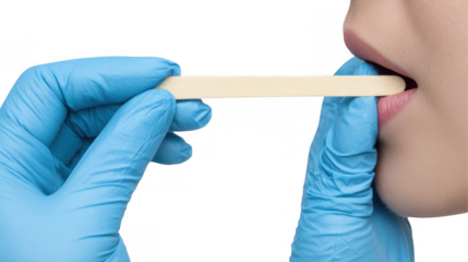 Doctor wearing blue gloves taking saliva sample from patient's mouth using sterile wooden spatula, isolated on transparent background, ideal for medical and healthcare concepts