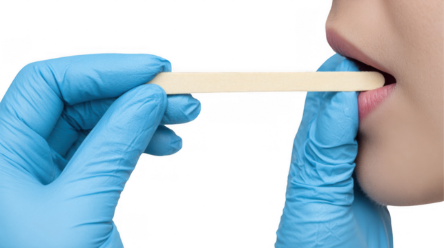 Doctor wearing blue gloves taking saliva sample from patient's mouth using sterile wooden spatula, isolated on transparent background, ideal for medical and healthcare concepts