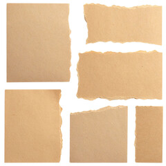 Six pieces of torn brown paper with rough edges are arranged on a black surface.