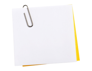 A white blank square paper clipped with a silver paperclip on top of a slightly visible yellow square paper.