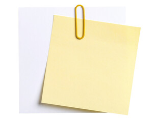 Two square sticky notes, one white and one yellow, clipped together with a gold paperclip.