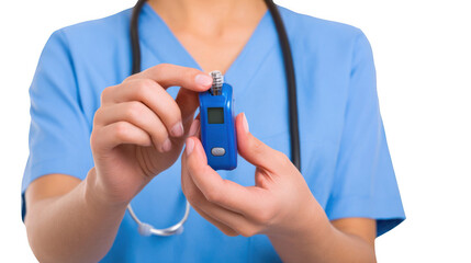 Female medical professional wearing blue scrubs and a stethoscope is using a pulse oximeter, showcasing healthcare monitoring and diagnostics with a transparent background for versatile use