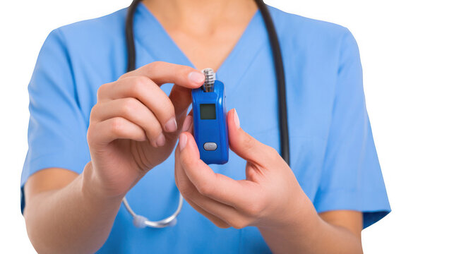 Female medical professional wearing blue scrubs and a stethoscope is using a pulse oximeter, showcasing healthcare monitoring and diagnostics with a transparent background for versatile use