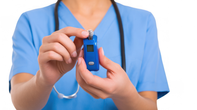 Female medical professional wearing blue scrubs and a stethoscope is using a pulse oximeter, showcasing healthcare monitoring and diagnostics with a transparent background for versatile use - Powered by Adobe