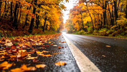 Naklejka premium Autumn Road with Fall Foliage, and Wet Asphalt.