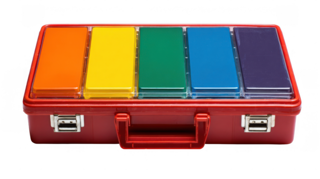 Red medical case with transparent lid showing the start triage system with its four colors orange, yellow, green and blue, isolated on transparent background
