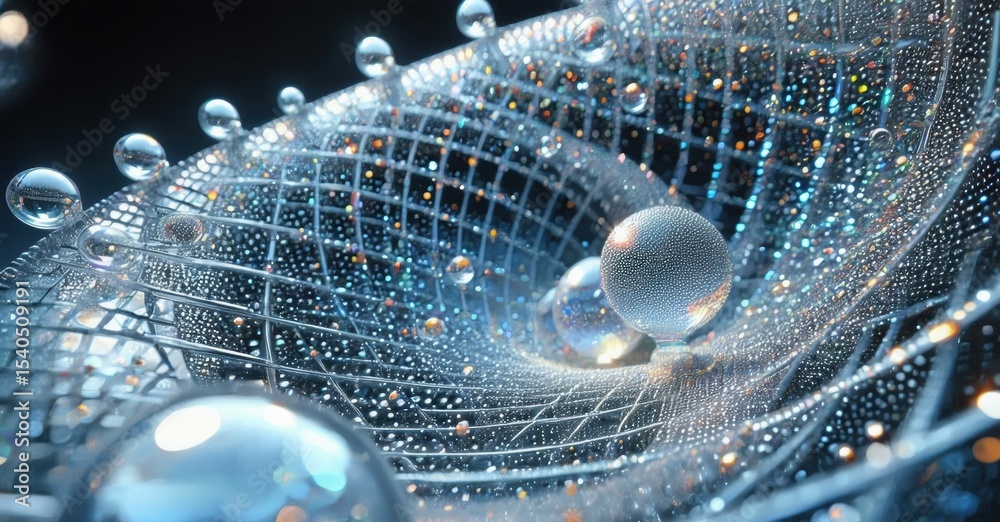 Poster intricate network, glowing spheres, fluid dynamics. abstract digital art, complex structure, futuris
