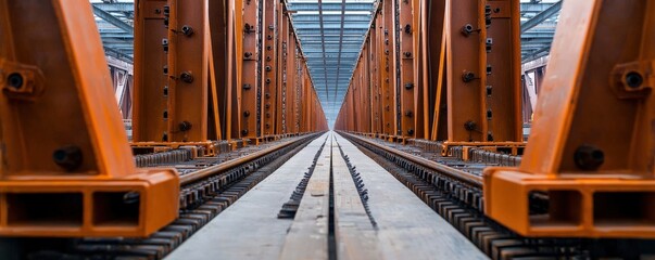 Construction infrastructure highway progress concept. Industrial bridge perspective showcasing railway tracks.