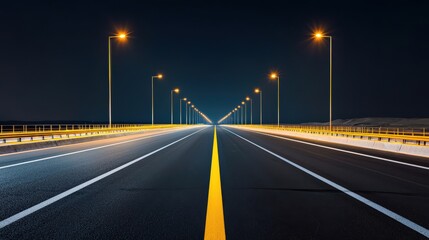 Construction infrastructure highway progress concept. Empty road illuminated by streetlights at night.