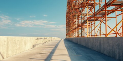 Construction infrastructure highway progress concept. Scaffolding against a clear blue sky beside a concrete walkway.