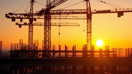 Construction infrastructure highway progress concept. Construction cranes silhouetted against a vibrant sunset.