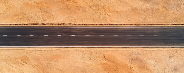 Construction infrastructure highway progress concept. Aerial view of a desert road bordered by textured sand.