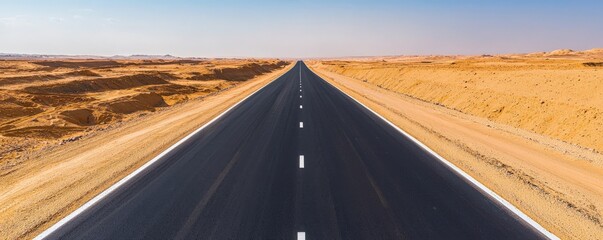 Construction infrastructure highway progress concept. Open highway stretching through a desert landscape.
