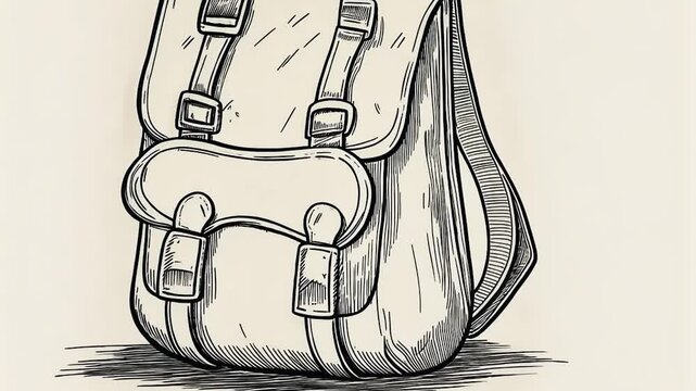Detailed line drawing of a vintage backpack