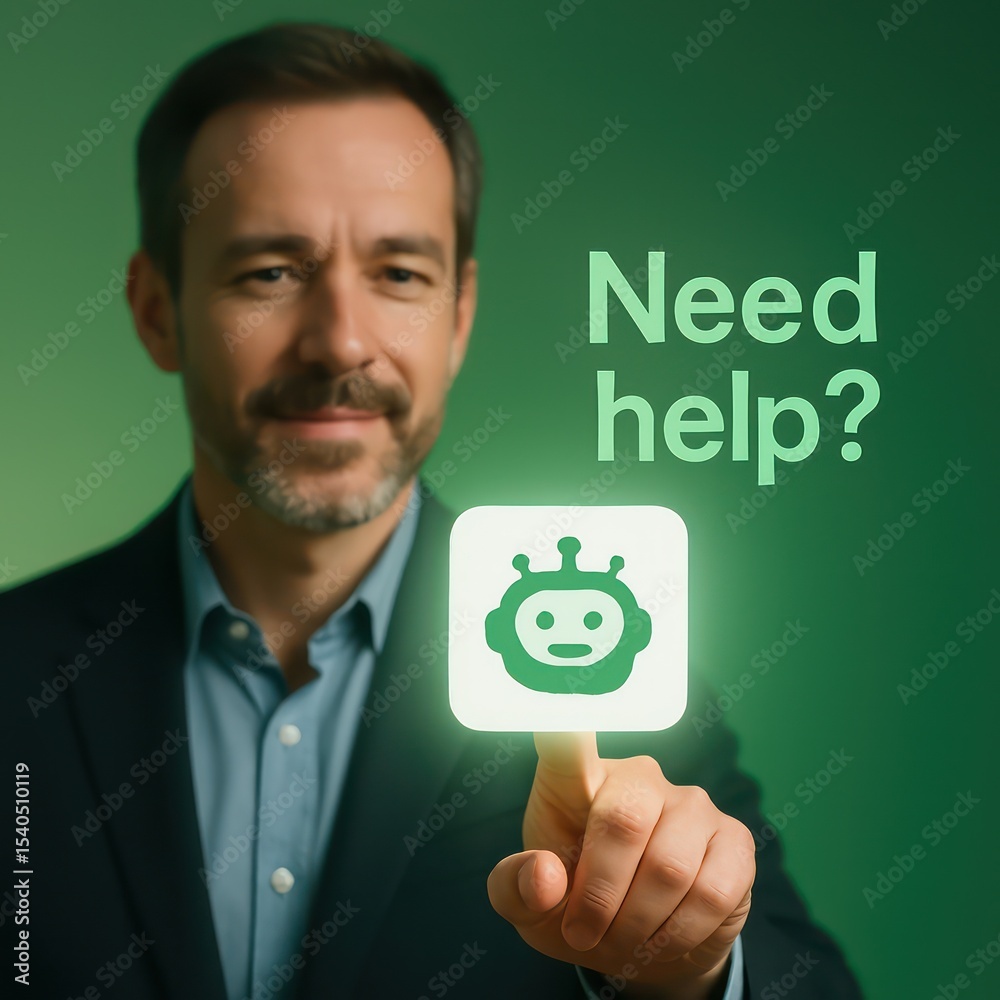 Poster a focused gentleman interacting with a digital interface that displays the prompt 