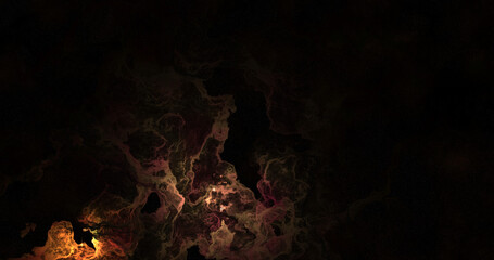 A cosmic view of a nebula with stars, glowing with orange and pink hues against the darkness of space.