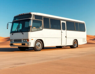 Mockup of a 1990s-style bus placed in a desert landscape. Ideal for retro travel branding, vintage campaigns, and road trip visuals.