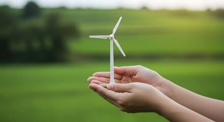 A close-up of hands holding a small wind turbine model over a lush green landscape soft natural light