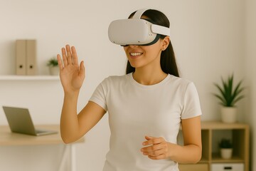 Envision a world of immersive virtual reality, where a young woman embraces the future with a VR headset, her expression a mix of wonder and joy.